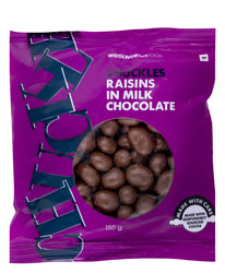 WOOLWORTHS CHUCKLES RAISINS IN MILK CHOC 150G